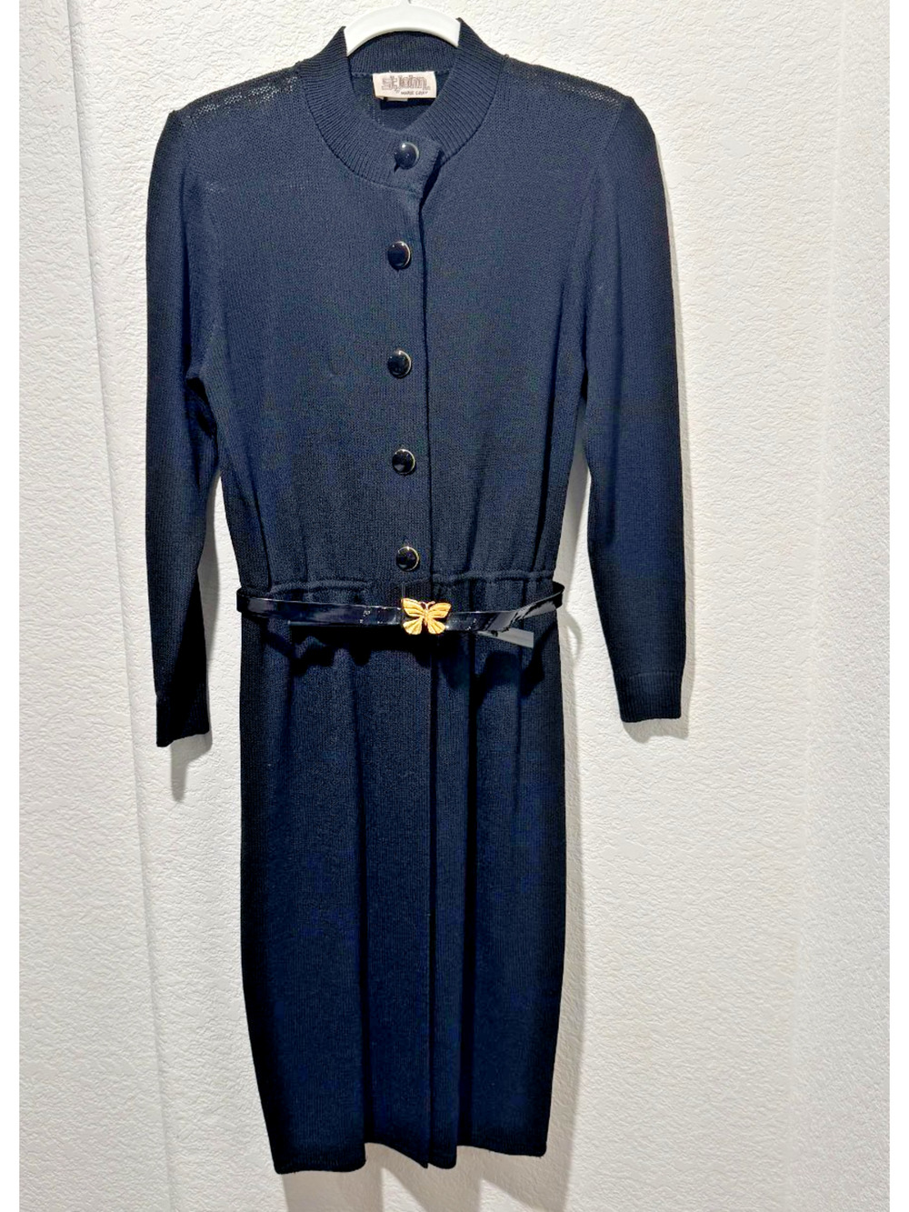 Vintage St John Marie Gray Black Knit Dress Belted Sz 4 Button Front Long Sleeve
